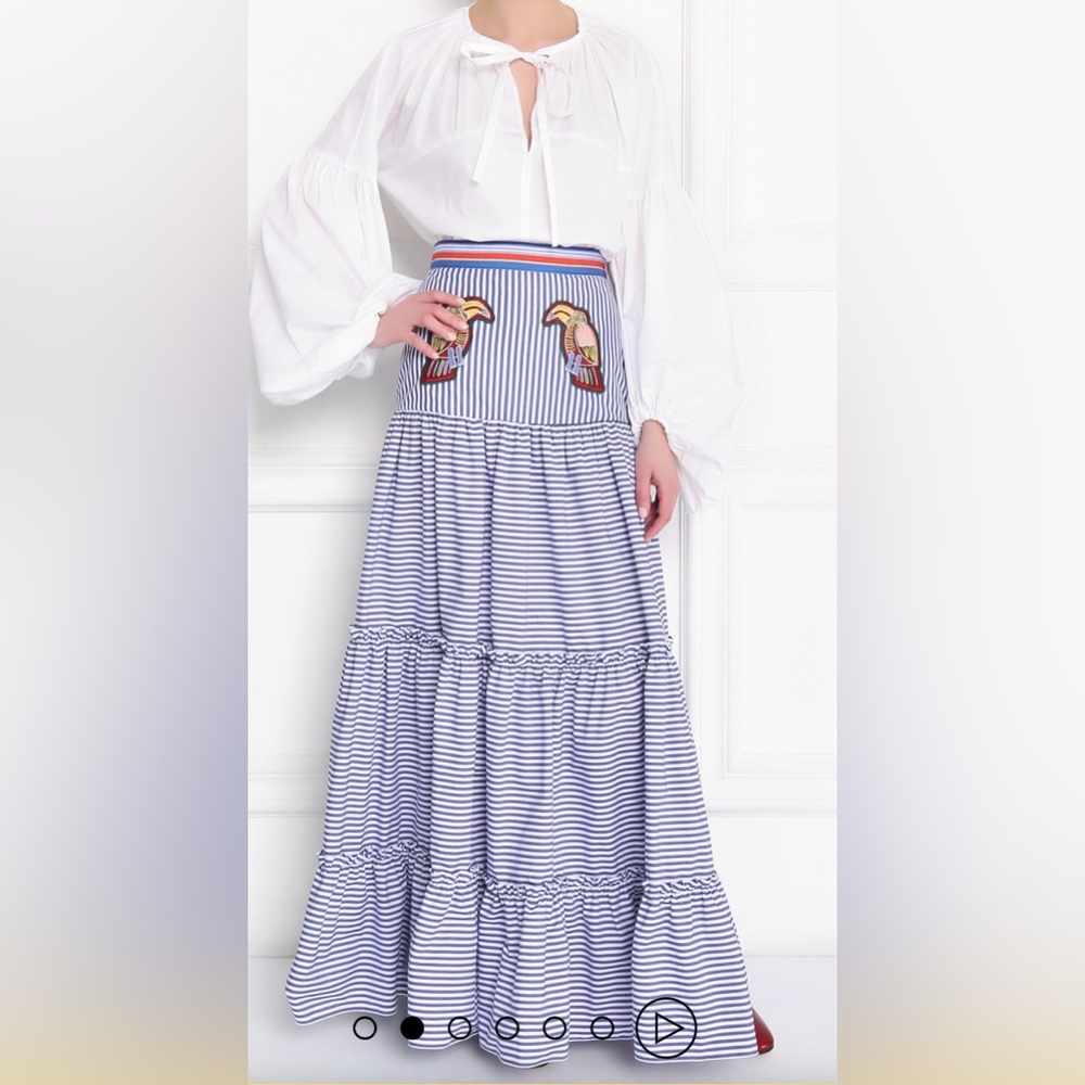 Stella Jean Tiered Cotton Striped Toucan Maxi Skirt 38/0